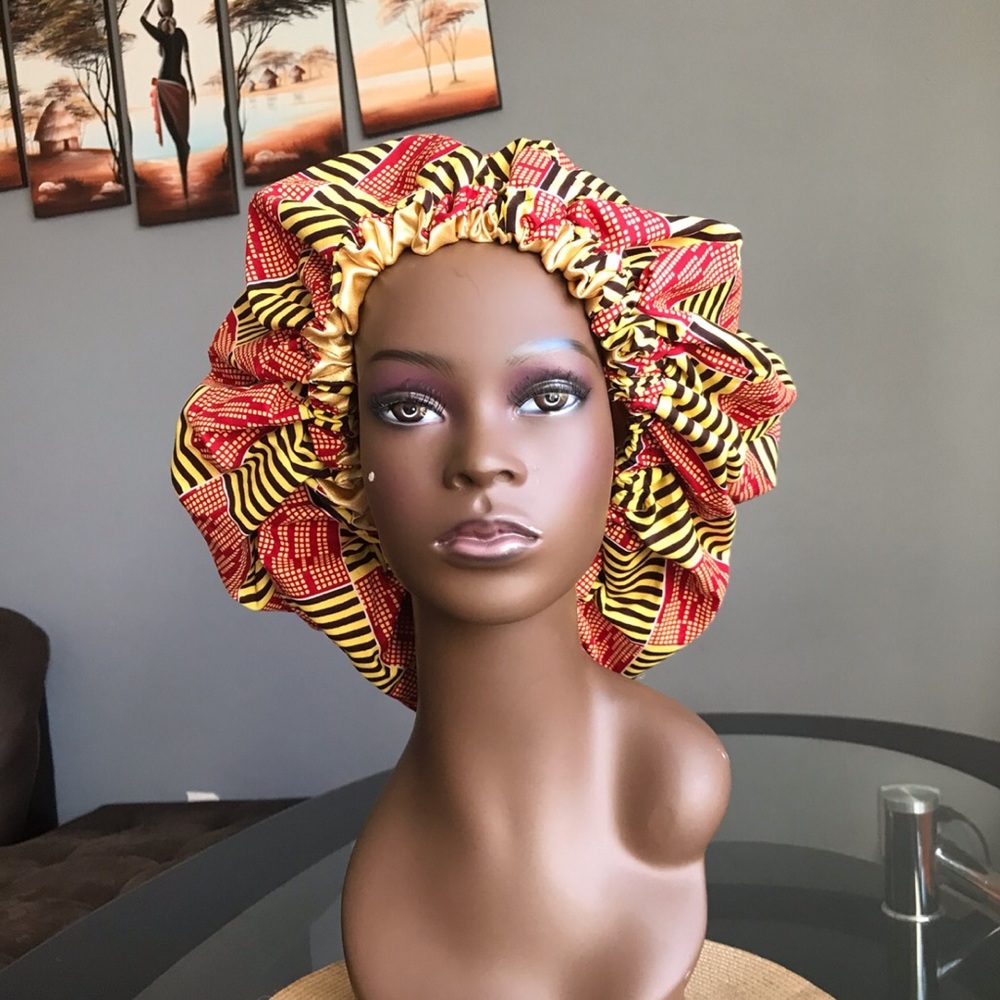 LARGE, TWO IN ONE, ANKARA AND SATIN BONNET CAP